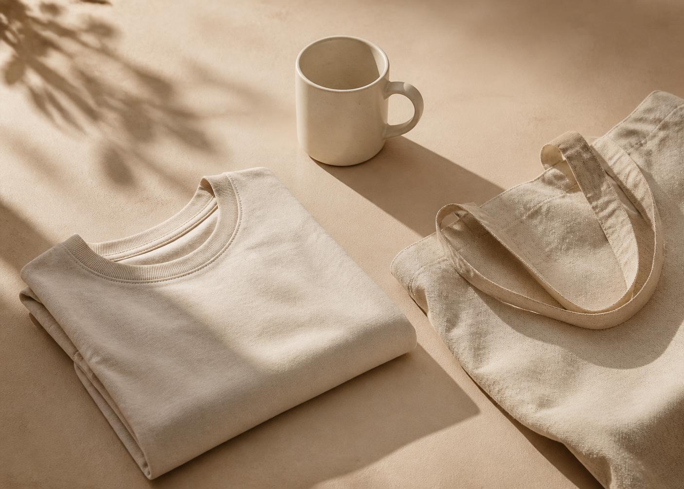 Plain cotton tee, ceramic mug and linen tote on a warm neutral surface