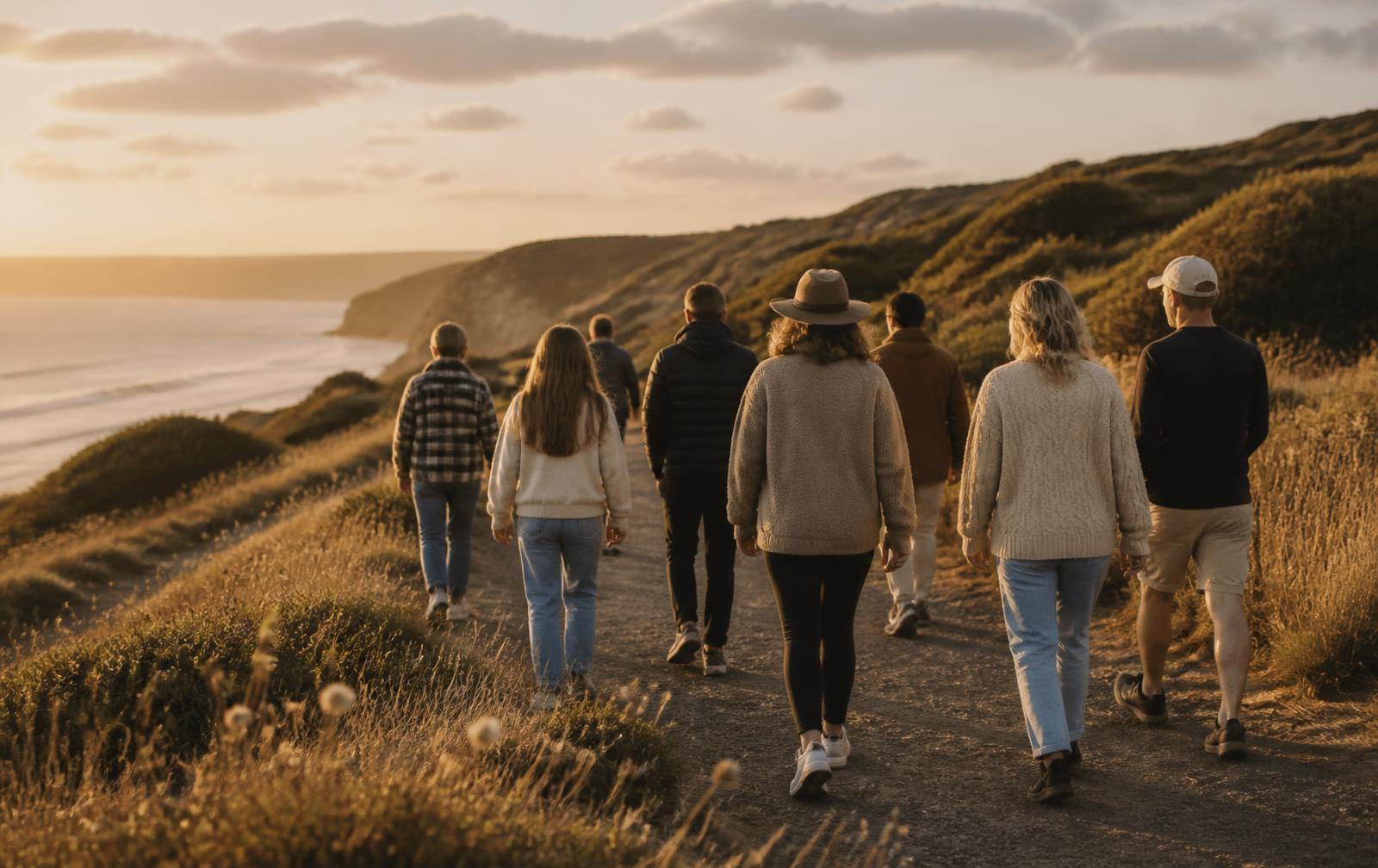 People walking together along a coastal path in late afternoon light